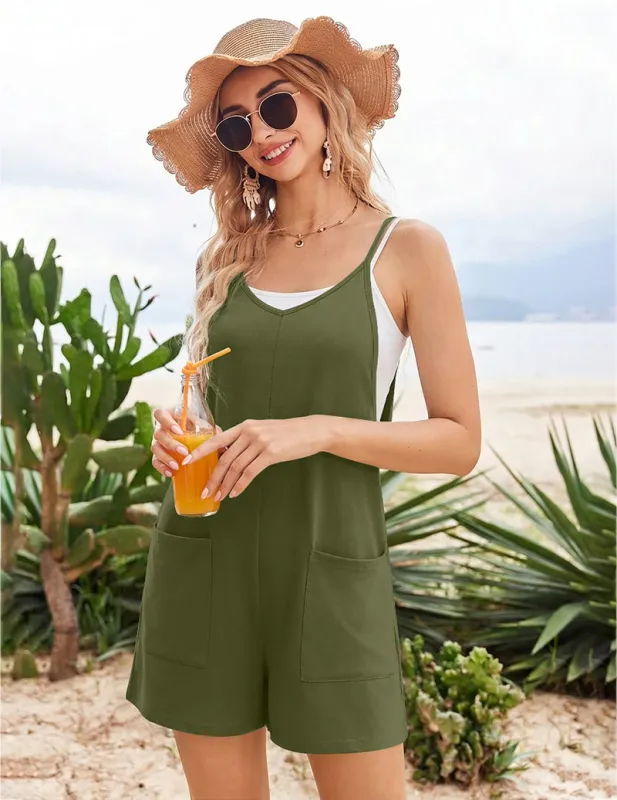 Casual Sleeveless Short Overalls Boho Strap Shorts Jumpsuit with Pockets made by Ekouaer