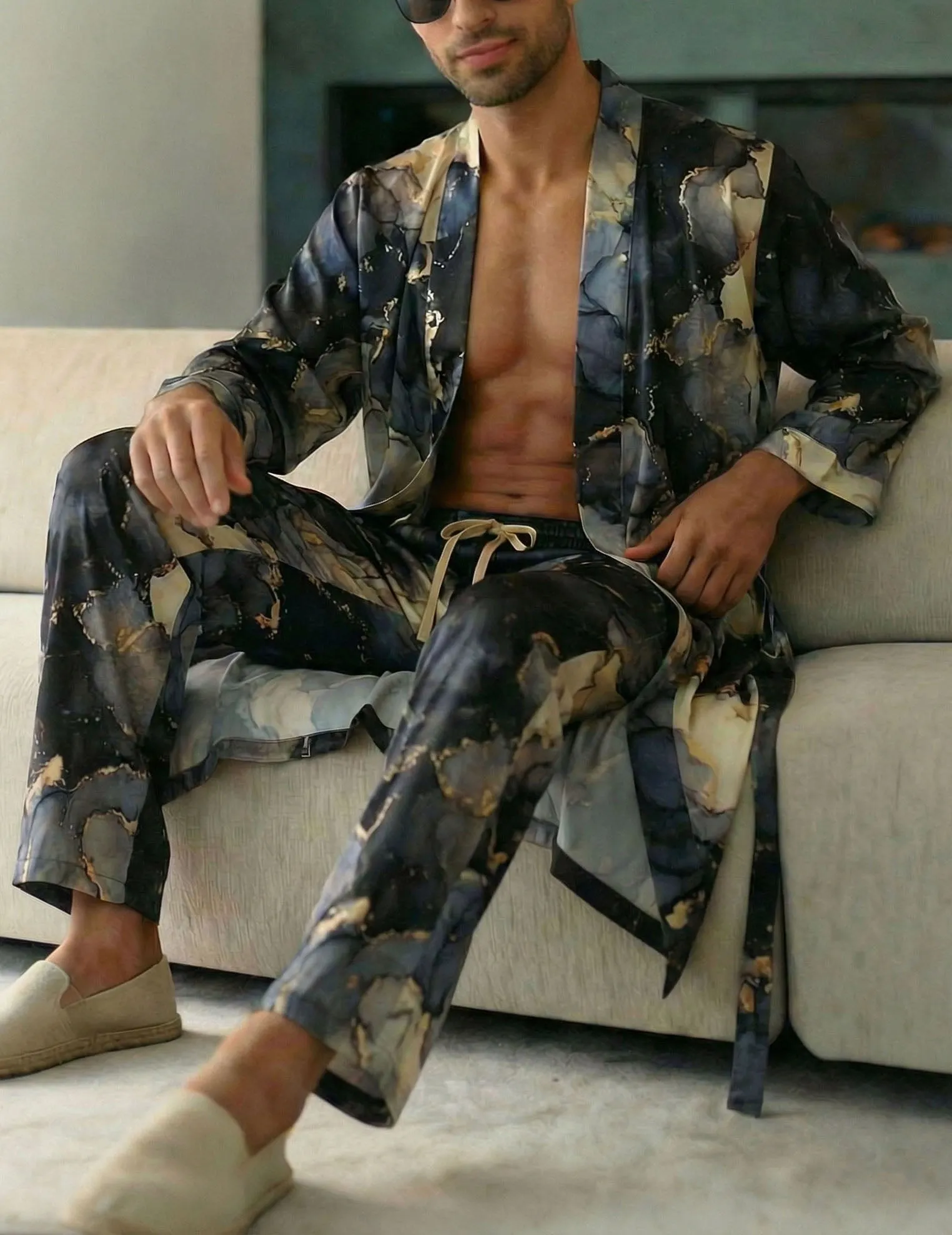 Luxurious Marble Print Robe and Pants Set for Men sold by Ekouaer product image thumbnail 2