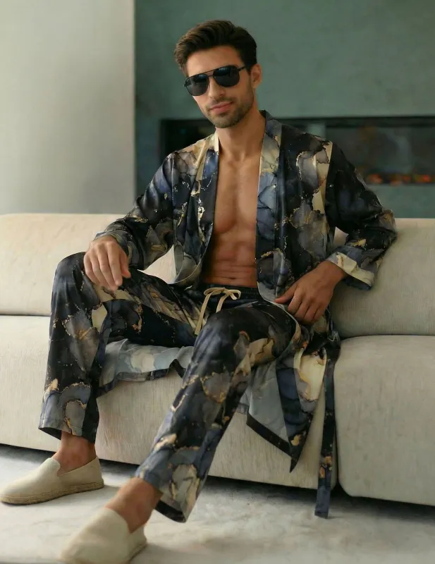 Luxurious Marble Print Robe and Pants Set for Men made by Ekouaer