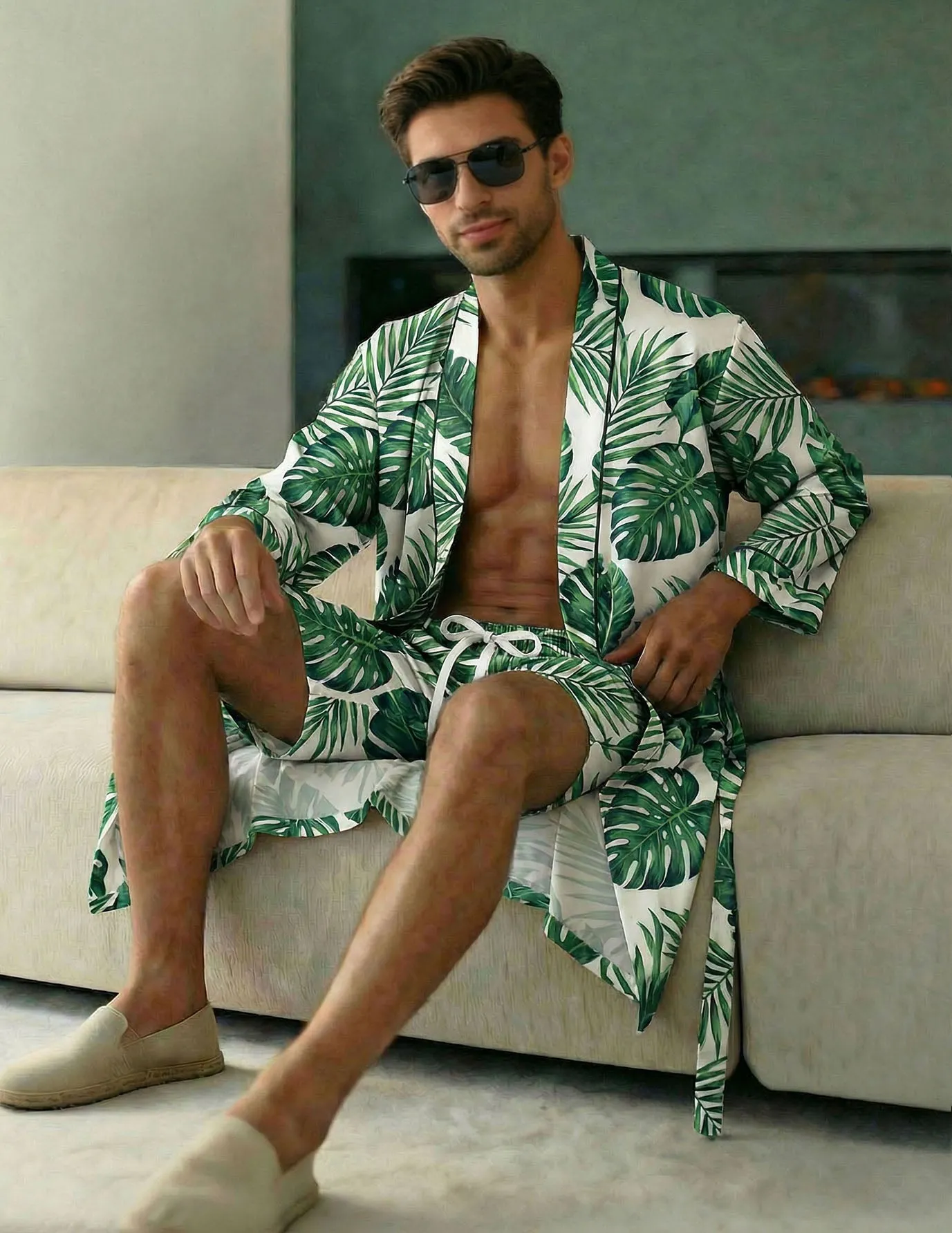 Luxurious Tropical Leaf Print Robe and Shorts Set for Men sold by Ekouaer