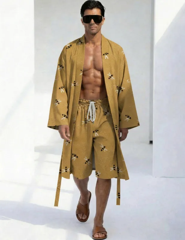 Luxurious Bee Print Robe and Shorts Set for Men made by Ekouaer