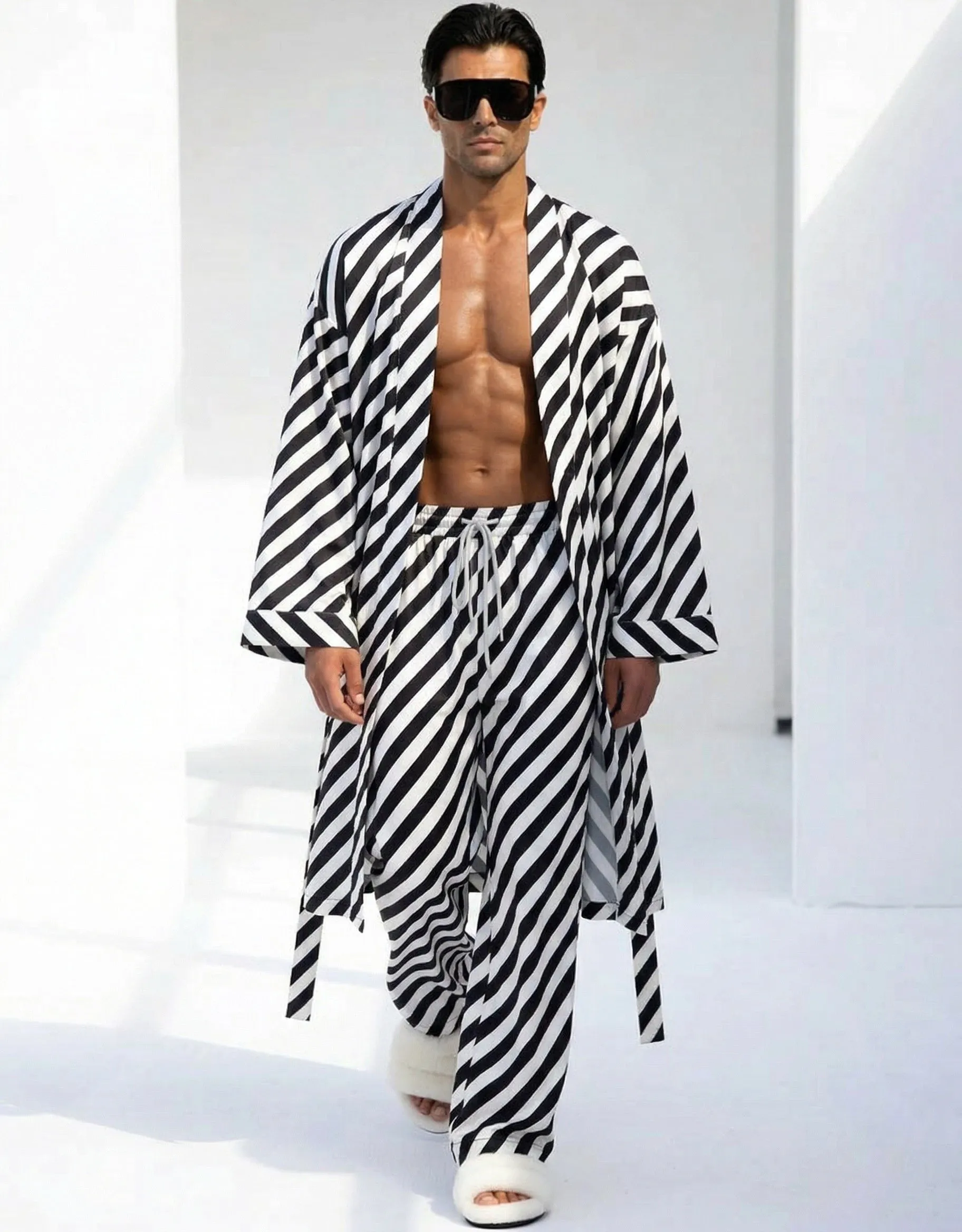 Luxurious Striped Robe and Pants Set for Men sold by Ekouaer product image thumbnail 5
