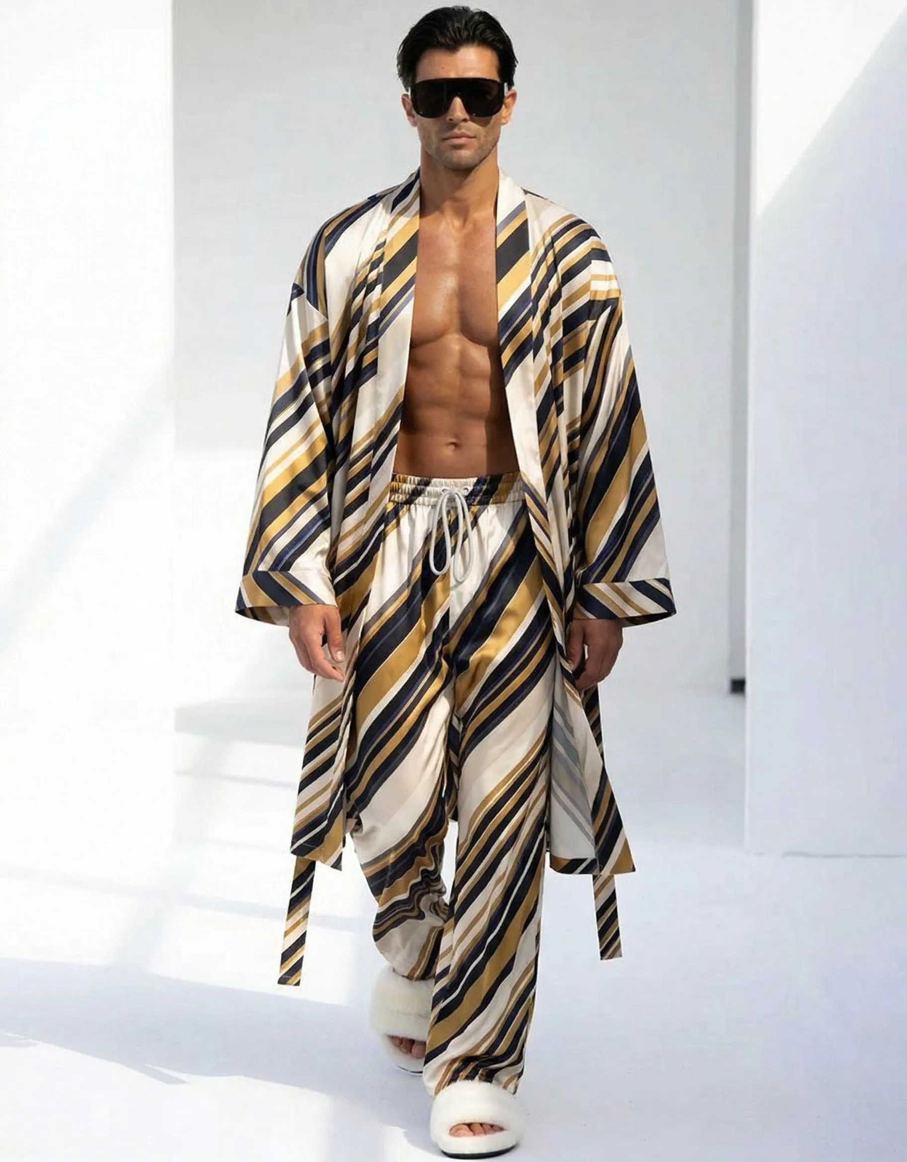 Luxurious Striped Robe and Pants Set for Men sold by Ekouaer product image thumbnail 3