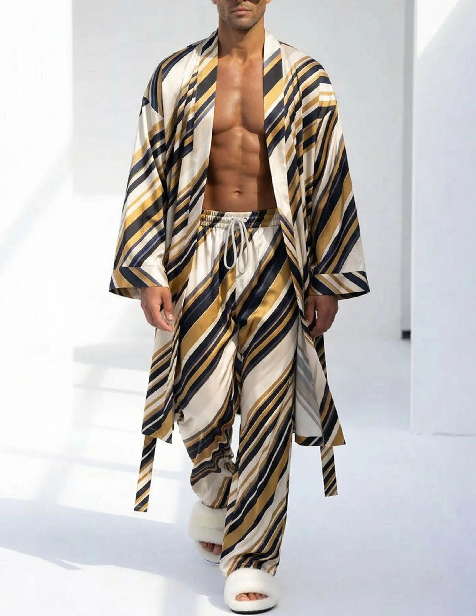 Luxurious Striped Robe and Pants Set for Men sold by Ekouaer product image thumbnail 4