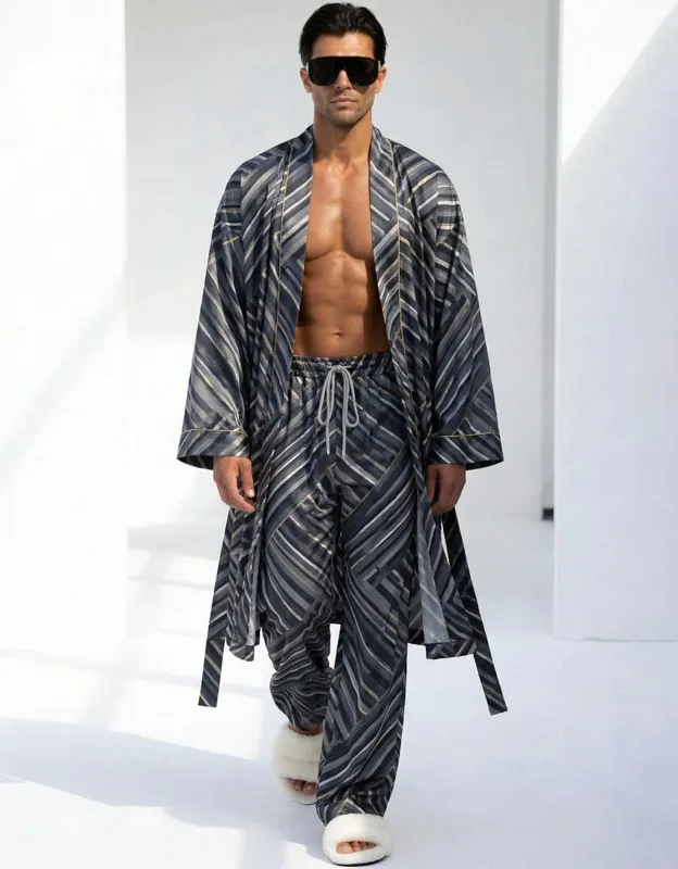 Luxurious Striped Robe and Pants Set for Men made by Ekouaer