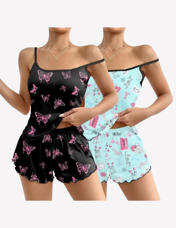 2 Pack Cami Pajama Sets Cute Print Tank Top Pjs and Shorts sold by Ekouaer
