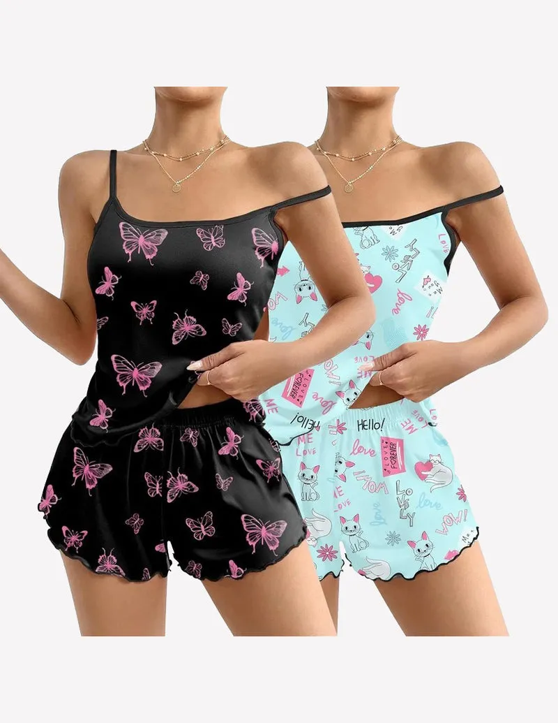 2 Pack Cami Pajama Sets Cute Print Tank Top Pjs and Shorts sold by Ekouaer