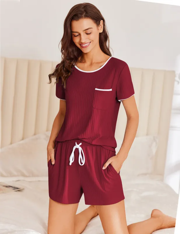 Pajama Set Ribbed Knit Soft Shorts Pjs Summer Sleepwear sold by Ekouaer