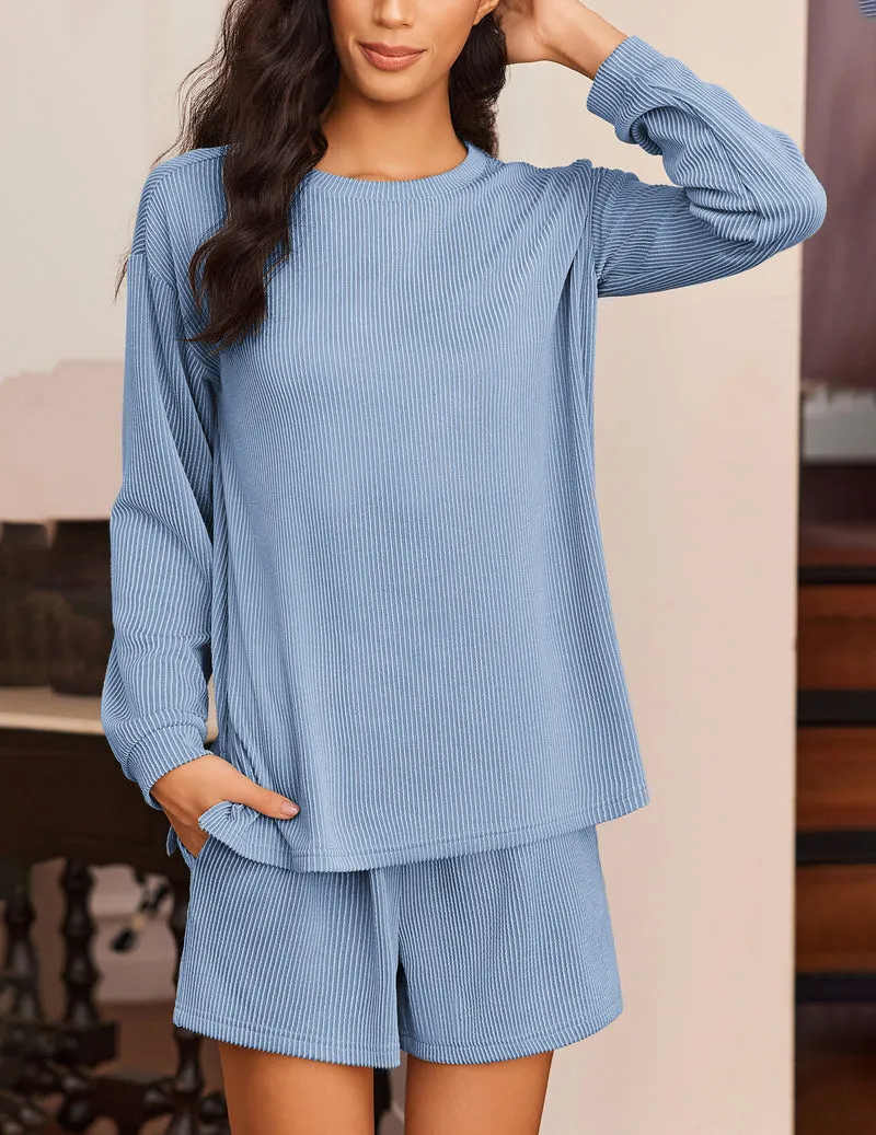 2 Pieces Lounge Set Long Sleeve Pajamas Top and Shorts sold by Ekouaer product image thumbnail 3