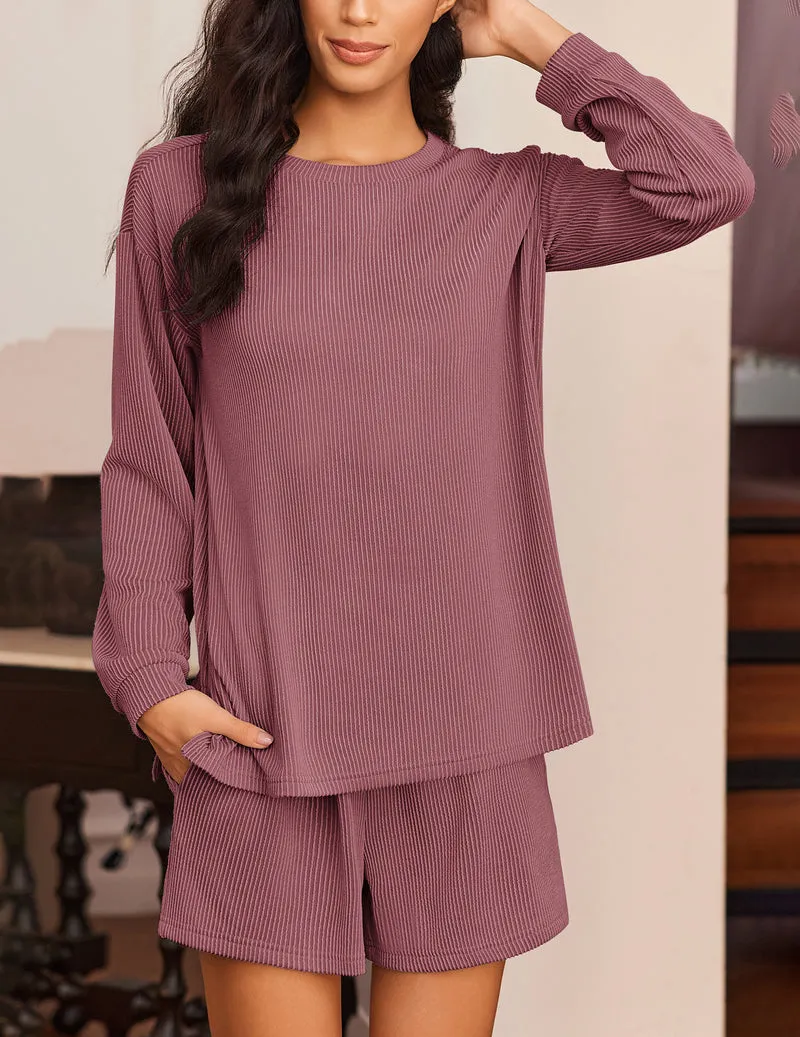 2 Pieces Lounge Set Long Sleeve Pajamas Top and Shorts sold by Ekouaer product image thumbnail 4