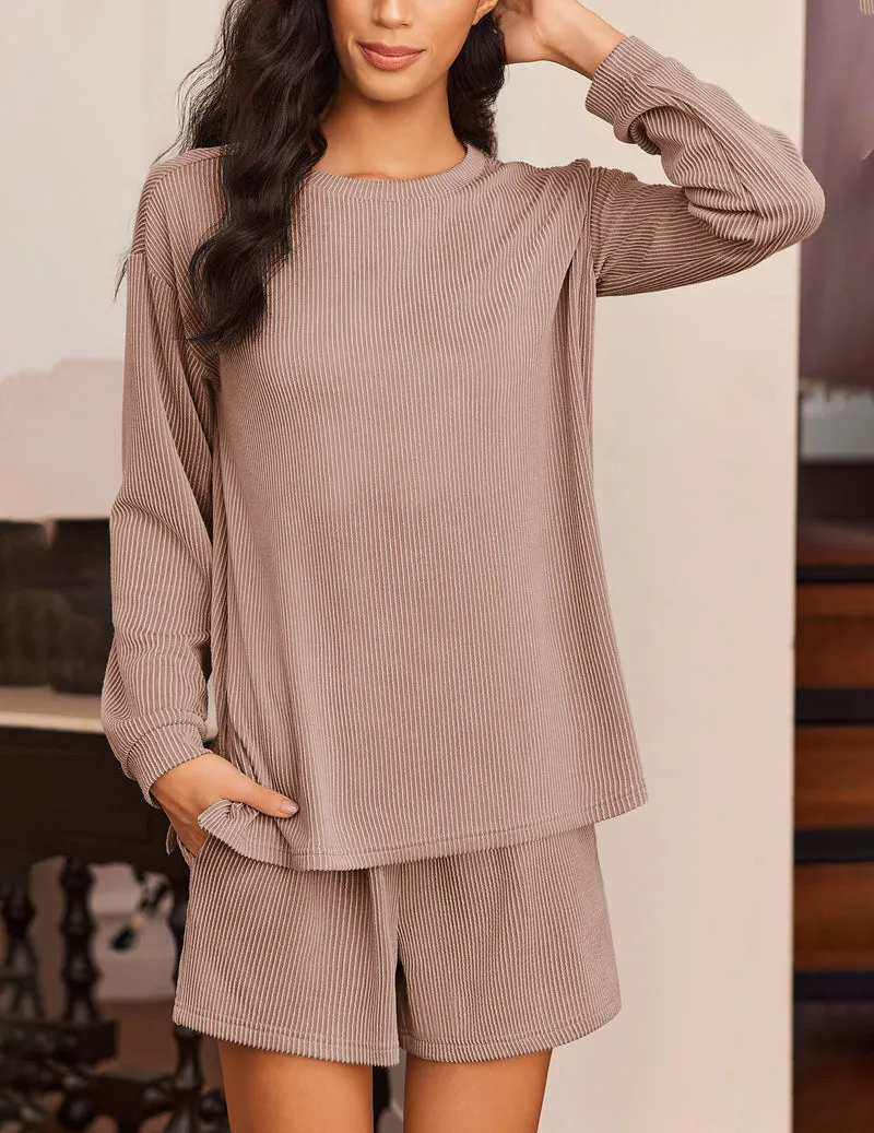 2 Pieces Lounge Set Long Sleeve Pajamas Top and Shorts sold by Ekouaer