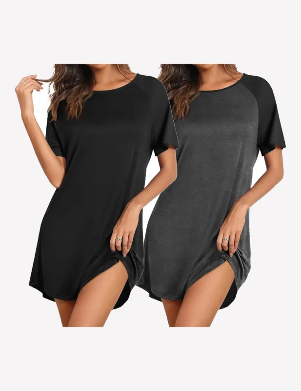2 Pack Bamboo Viscose Sleep Shirts Short Sleeve Nightshirt made by Ekouaer