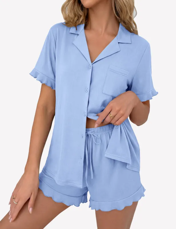 Button Down Pjs Lounge Sets Ruffle Short Sleeve Sleepwear sold by Ekouaer