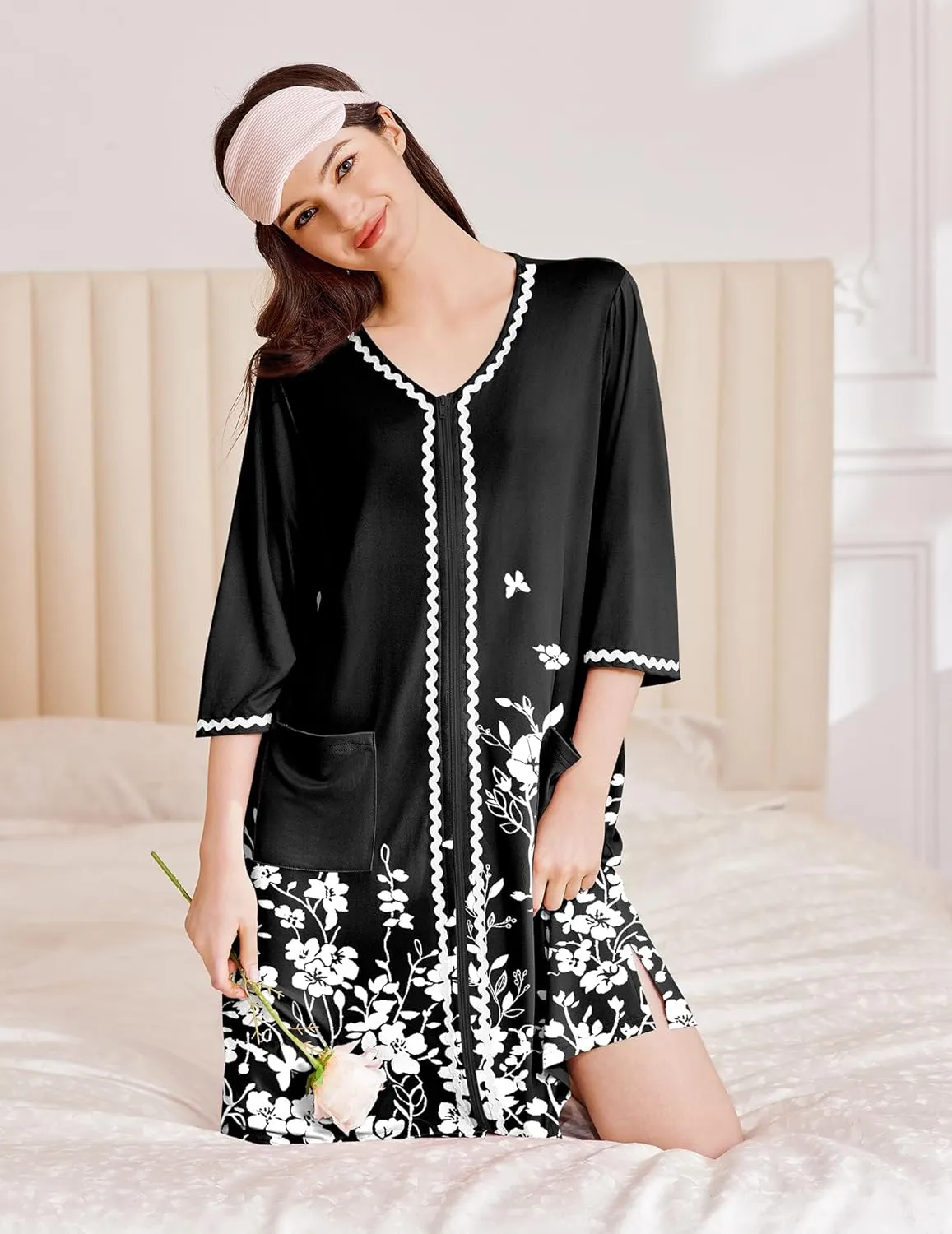 Ekouaer Zipper Robes for Women 3/4 Sleeves Lightweight House Coat sold by Ekouaer product image thumbnail 2