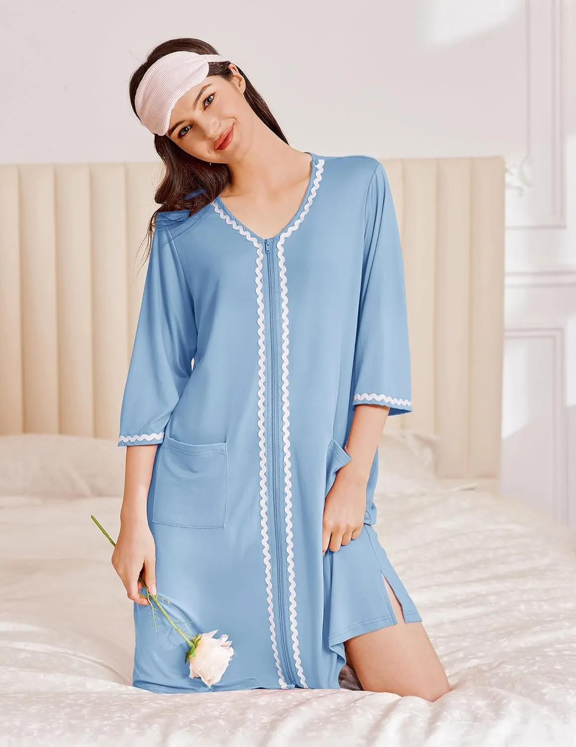 Ekouaer Zipper Robes for Women 3/4 Sleeves Lightweight House Coat sold by Ekouaer product image thumbnail 4