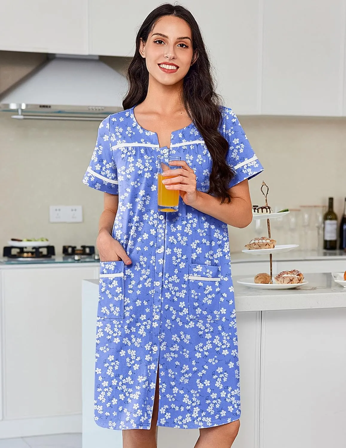 Cotton House Dress with Pockets Button Down Night Gown sold by Ekouaer product image thumbnail 3