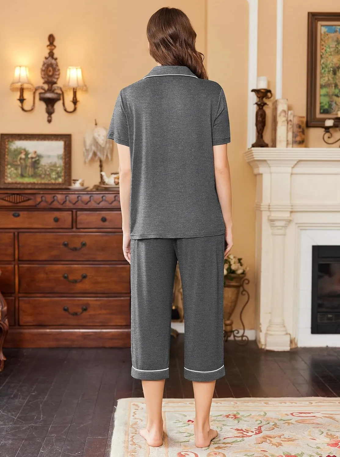 Capri Pajamas for Women Short Sleeve Comfy Lounge Set sold by Ekouaer product image thumbnail 2