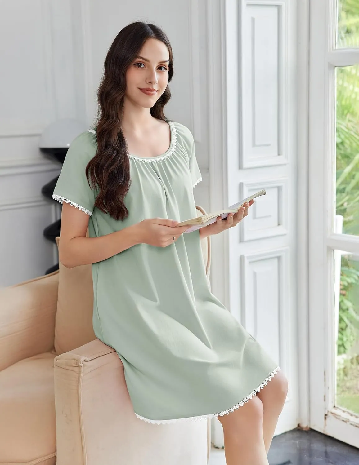 Cotton Nightgowns Lace Trim Short Sleeve Sleep Dress with Pockets sold by Ekouaer product image thumbnail 4