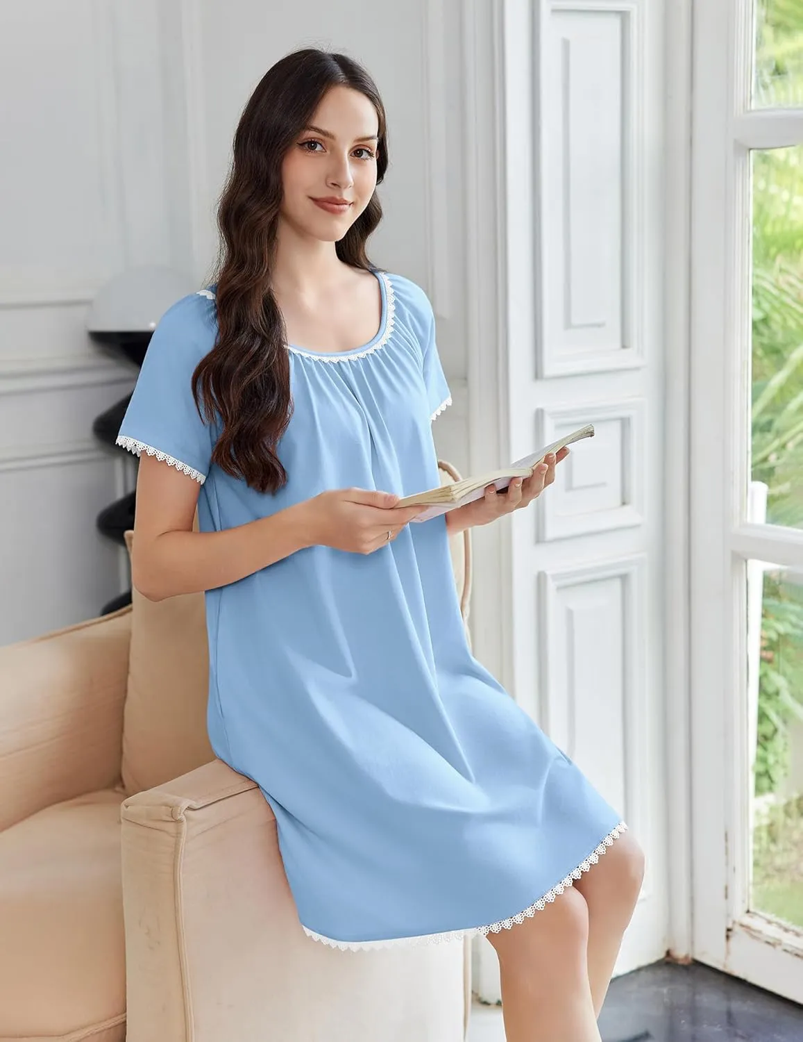 Cotton Nightgowns Lace Trim Short Sleeve Sleep Dress with Pockets sold by Ekouaer product image thumbnail 5