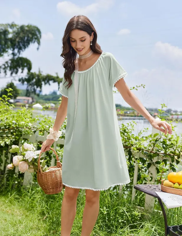 Cotton Nightgowns Lace Trim Short Sleeve Sleep Dress with Pockets sold by Ekouaer