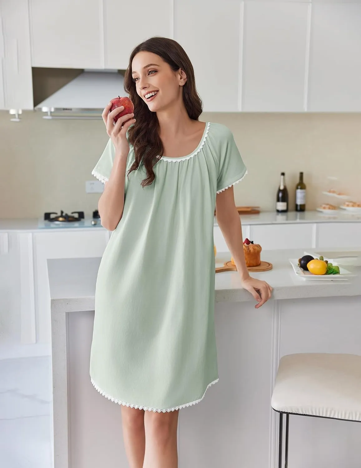 Cotton Nightgowns Lace Trim Short Sleeve Sleep Dress with Pockets sold by Ekouaer product image thumbnail 2