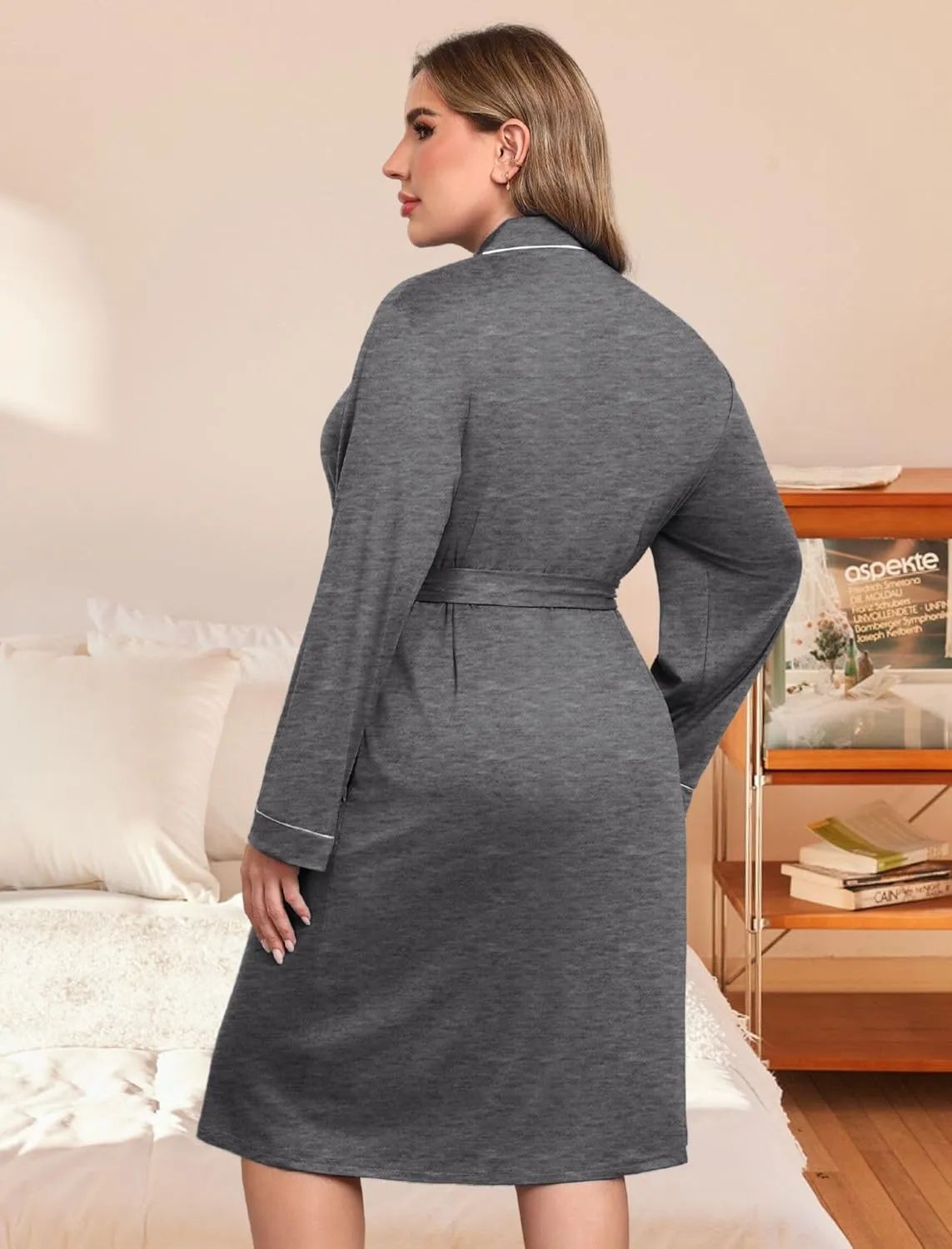 Plus Size Robes Women Lightweight Bathrobe V Neck Kimono sold by Ekouaer product image thumbnail 2