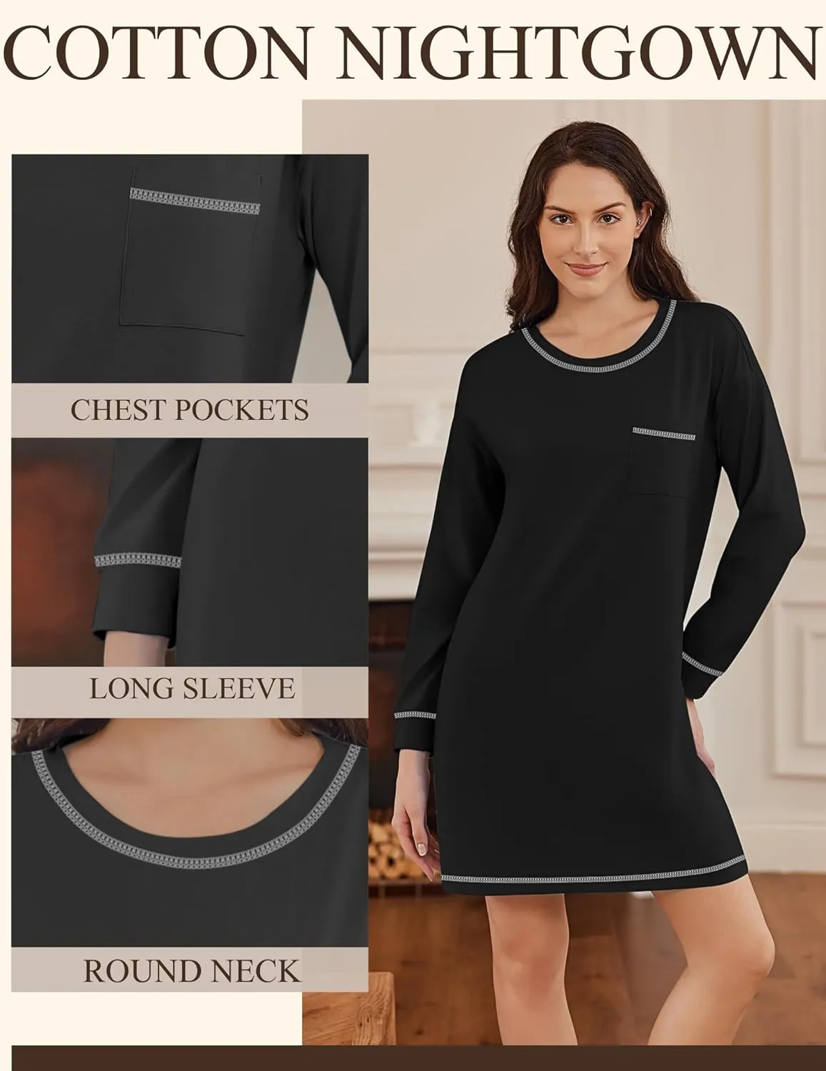 3 Pack Cotton Nightgowns Women Long Sleeve Sleep Shirts sold by Ekouaer product image thumbnail 3