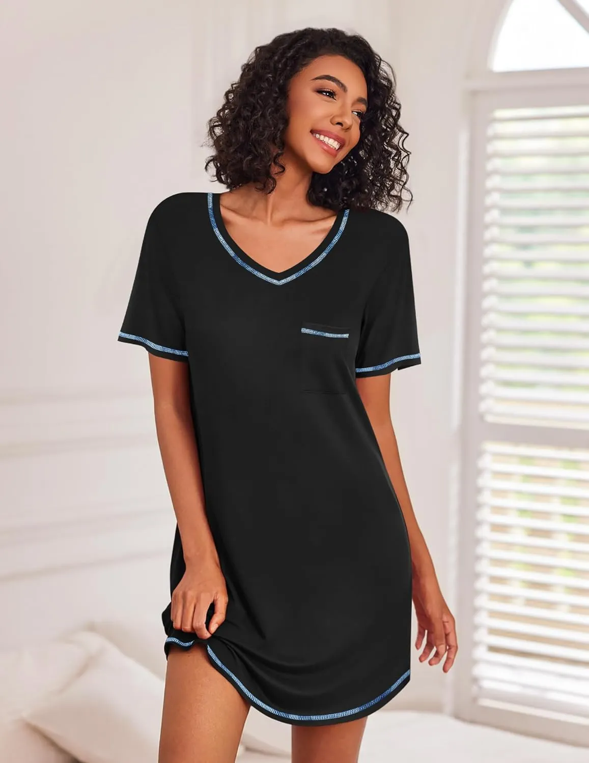 3 Pack Women Short Sleeve NightGown V Neck Soft Dress sold by Ekouaer product image thumbnail 2