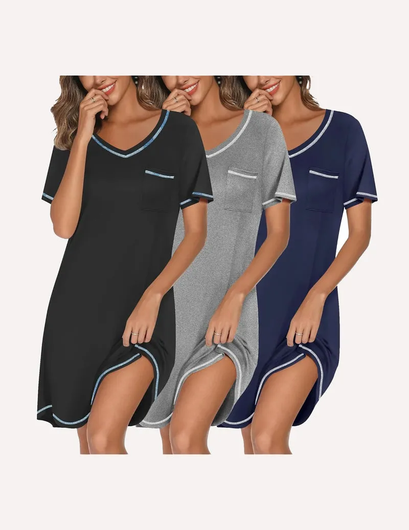 3 Pack Women Short Sleeve NightGown V Neck Soft Dress sold by Ekouaer