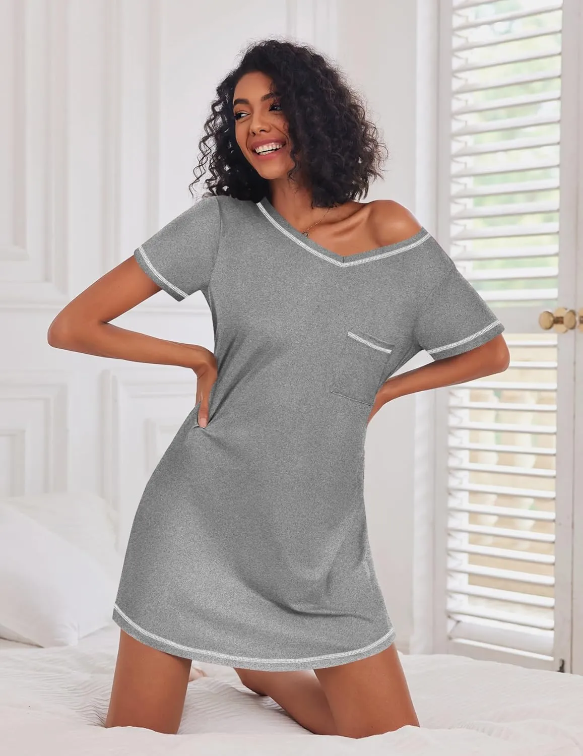 3 Pack Women Short Sleeve NightGown V Neck Soft Dress sold by Ekouaer product image thumbnail 4