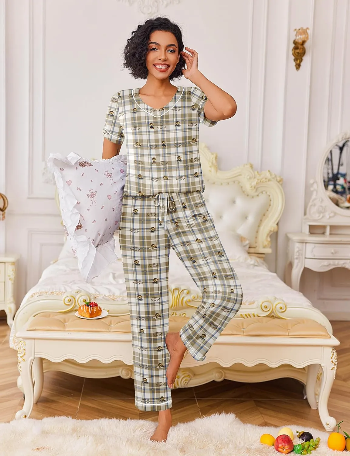 2 Piece Lounge Set Soft Pajama Sets Short Sleeve and Pants Pj Sets sold by Ekouaer product image thumbnail 4