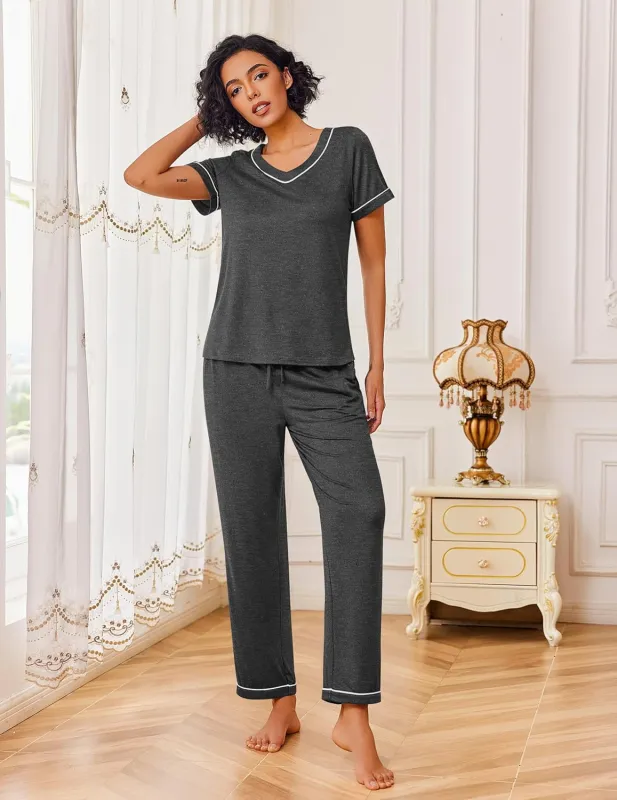2 Piece Lounge Set Soft Pajama Sets Short Sleeve and Pants Pj Sets sold by Ekouaer