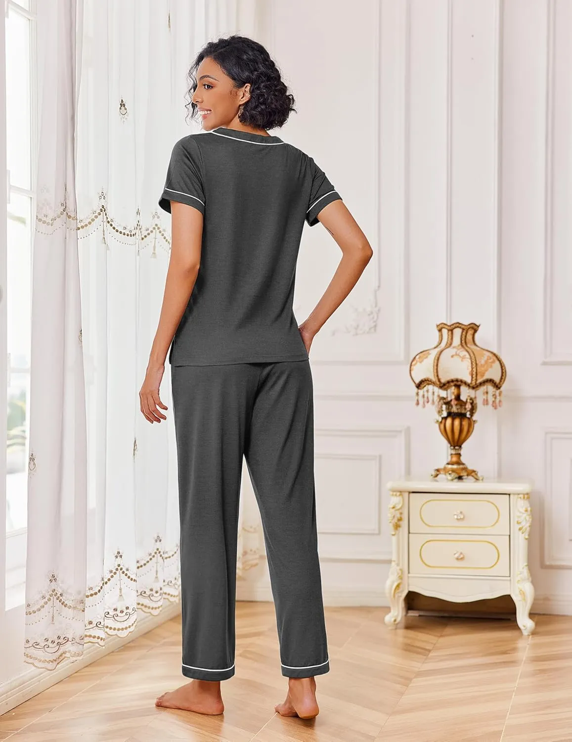 2 Piece Lounge Set Soft Pajama Sets Short Sleeve and Pants Pj Sets sold by Ekouaer product image thumbnail 3