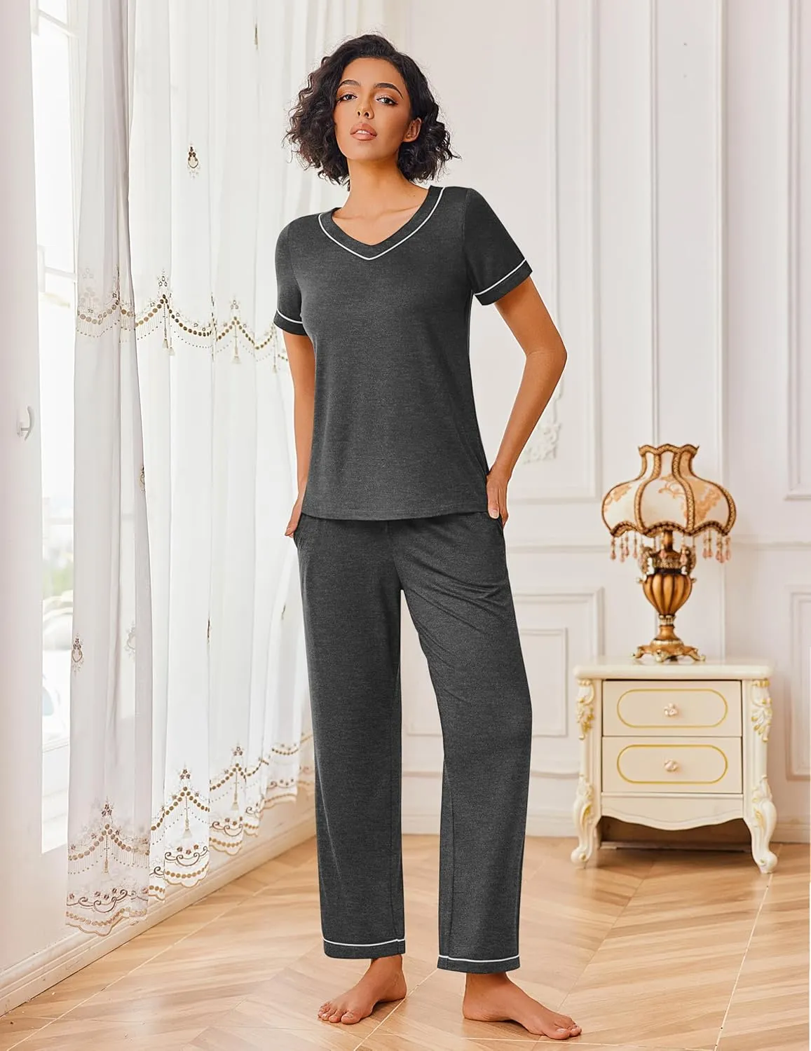 2 Piece Lounge Set Soft Pajama Sets Short Sleeve and Pants Pj Sets sold by Ekouaer product image thumbnail 2