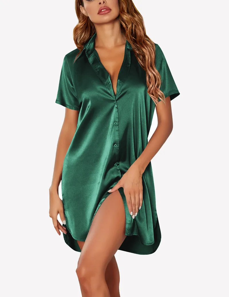 Satin Nightshirt for Women Button Down Nightgown sold by Ekouaer product image thumbnail 2