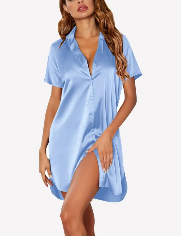 Satin Nightshirt for Women Button Down Nightgown sold by Ekouaer