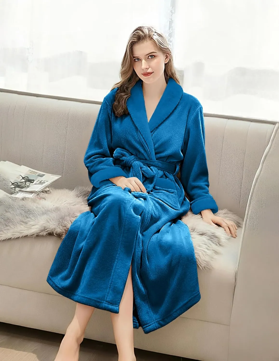 Soft Long Bathrobe Fleece Shawl Collar Spa Robe sold by Ekouaer product image thumbnail 4