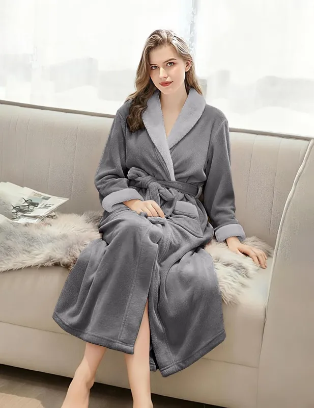 Soft Long Bathrobe Fleece Shawl Collar Spa Robe made by Ekouaer