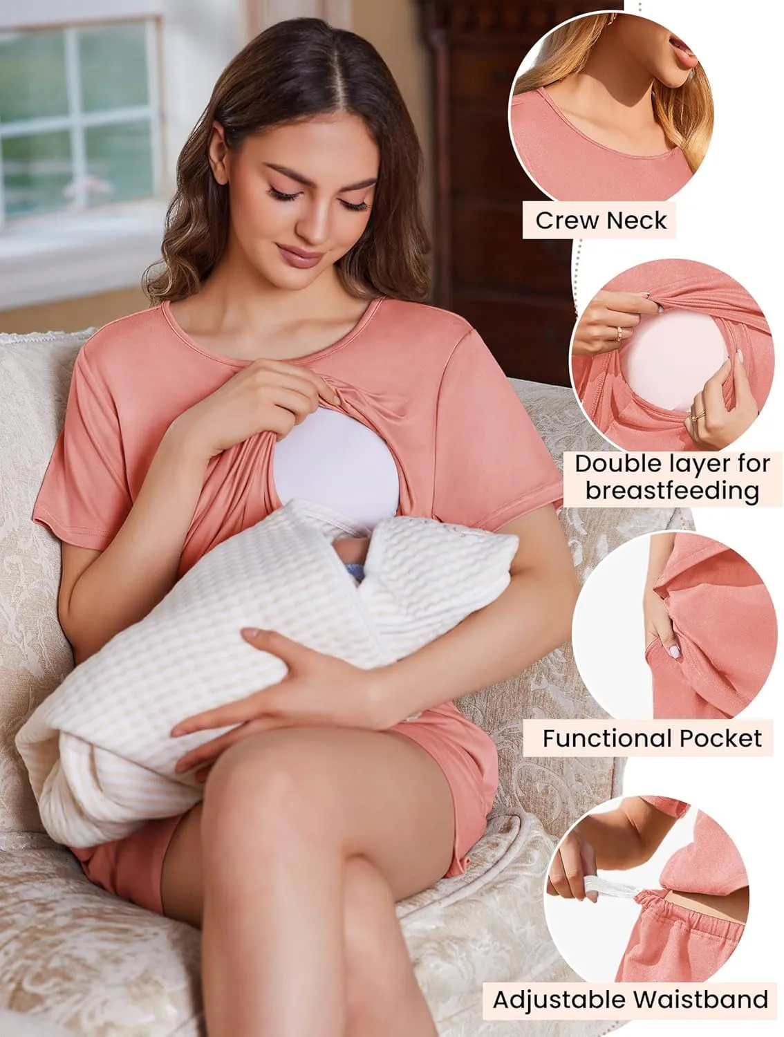 2 Pack Nursing Pajamas Set Double Layer Maternity Pjs sold by Ekouaer product image thumbnail 4