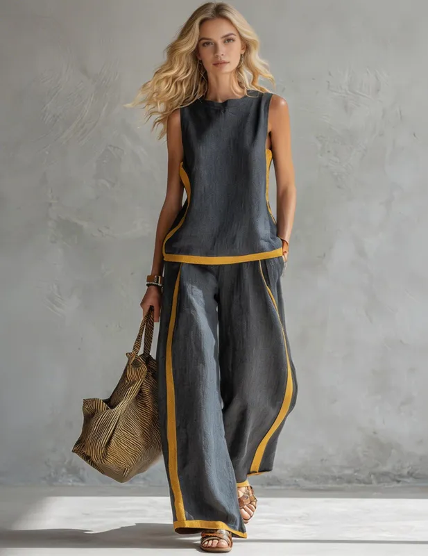 Contrast Trim Sleeveless Top and Wide-Leg Pants Set made by Ekouaer