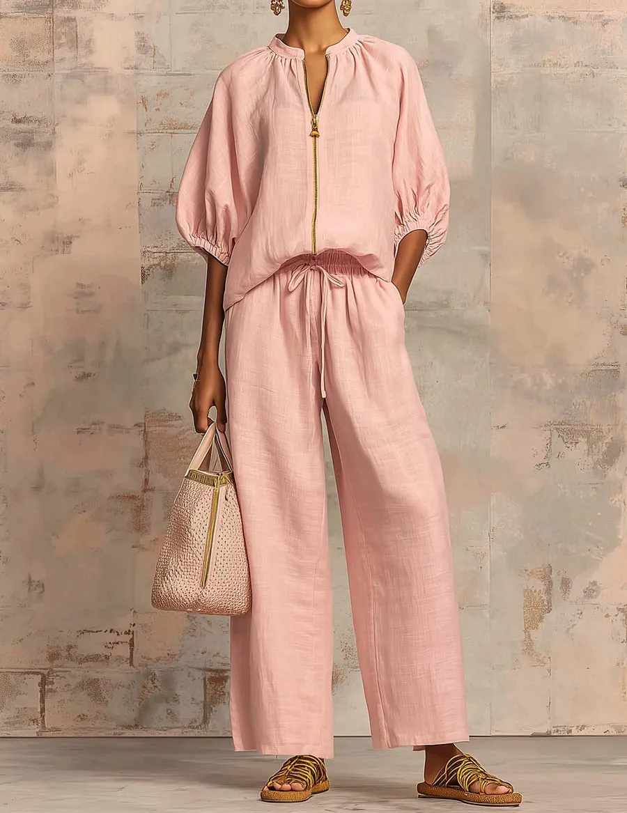 Puff-Sleeve Zip Jacket and Wide-Leg Pants Set sold by Ekouaer product image thumbnail 2