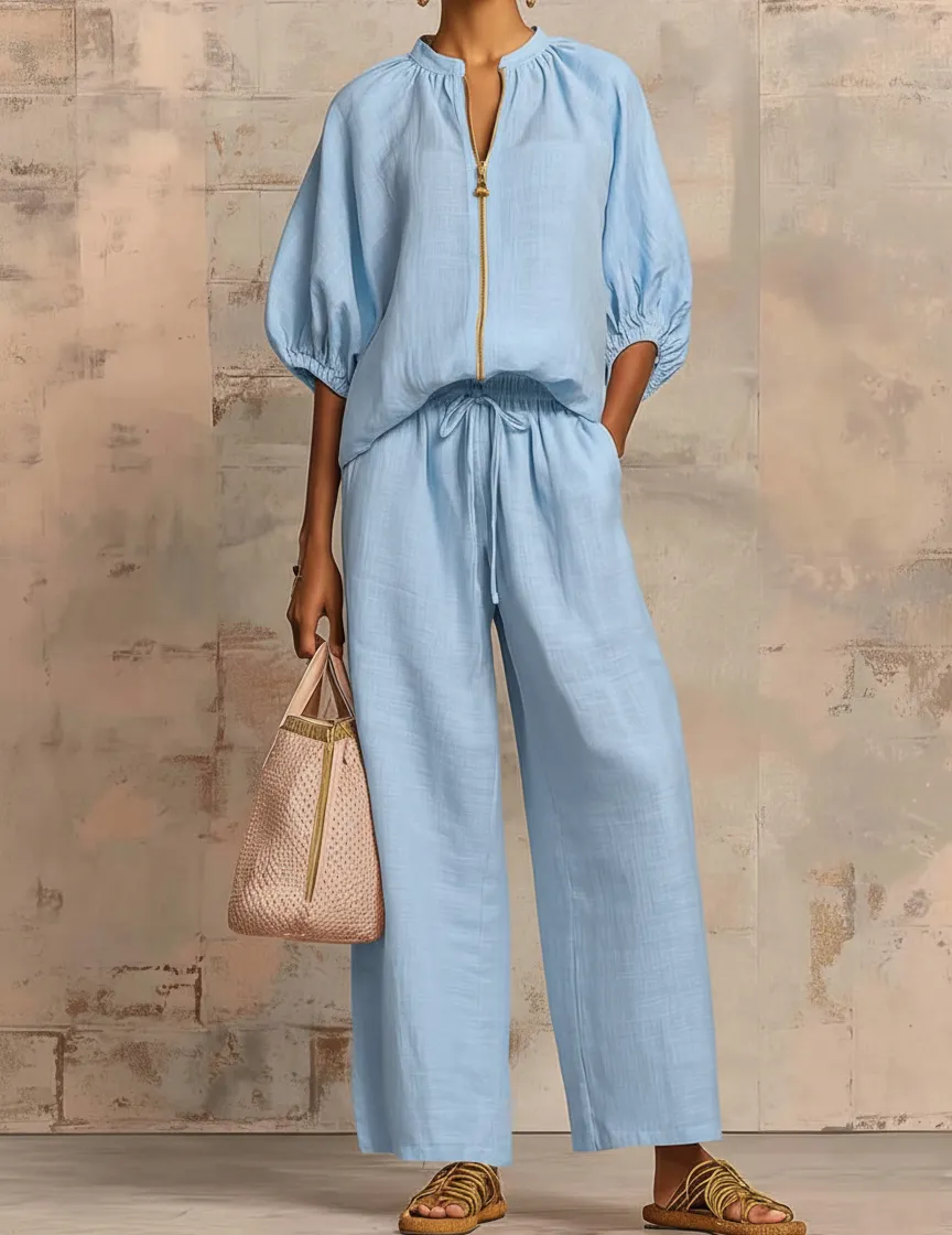 Puff-Sleeve Zip Jacket and Wide-Leg Pants Set sold by Ekouaer product image thumbnail 5