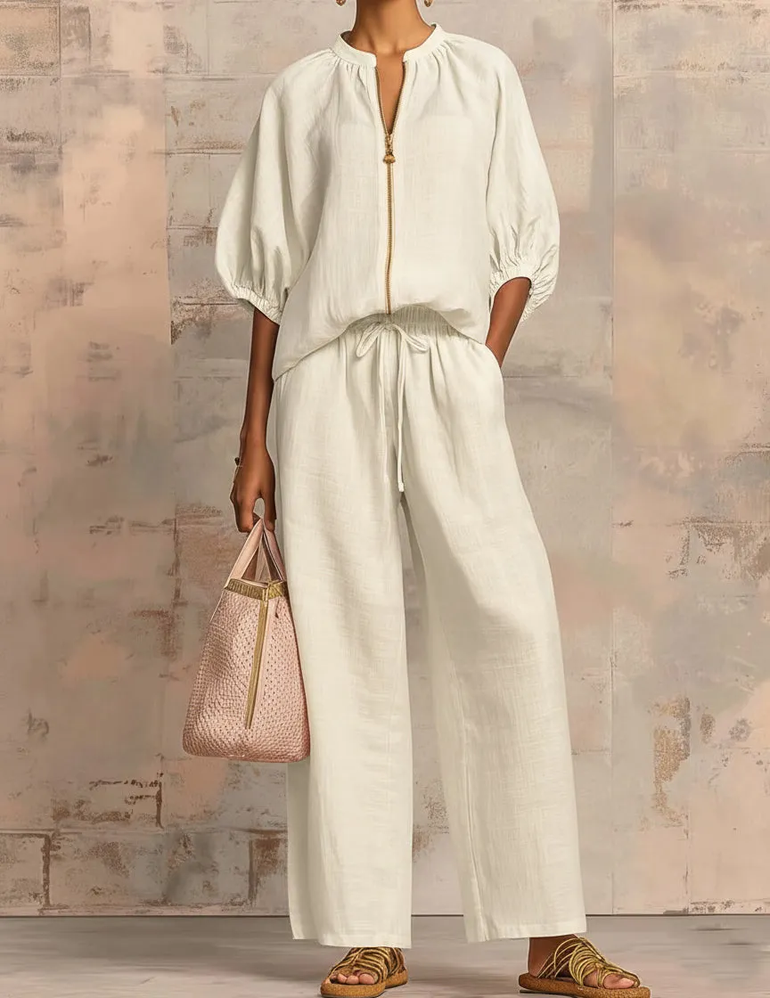 Puff-Sleeve Zip Jacket and Wide-Leg Pants Set sold by Ekouaer product image thumbnail 4