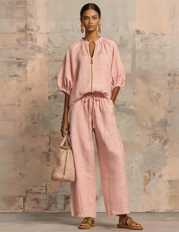 Puff-Sleeve Zip Jacket and Wide-Leg Pants Set made by Ekouaer