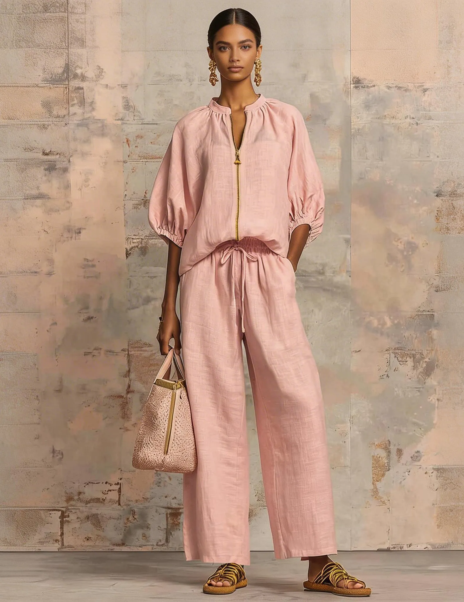 Puff-Sleeve Zip Jacket and Wide-Leg Pants Set sold by Ekouaer