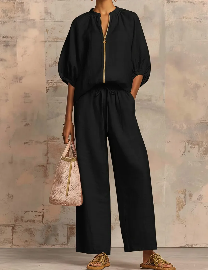Puff-Sleeve Zip Jacket and Wide-Leg Pants Set sold by Ekouaer product image thumbnail 3