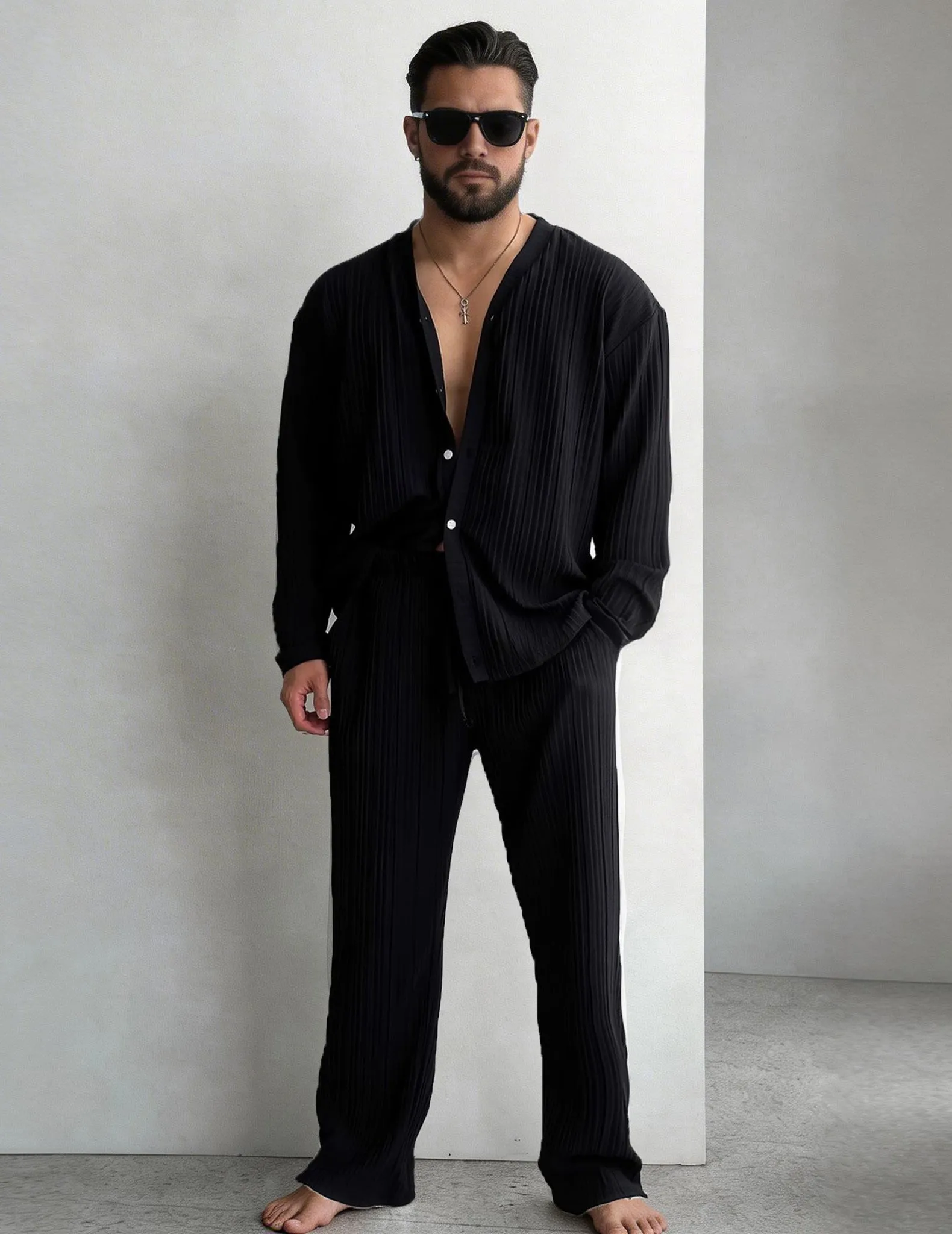 Men's White Pleated Shirt and Pants Set sold by Ekouaer product image thumbnail 5