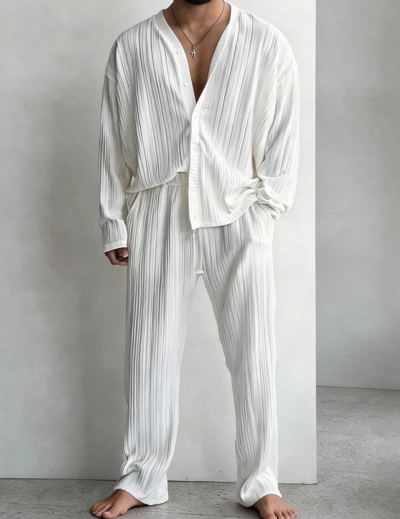 Men's White Pleated Shirt and Pants Set sold by Ekouaer product image thumbnail 2