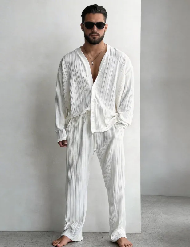 Men's White Pleated Shirt and Pants Set made by Ekouaer