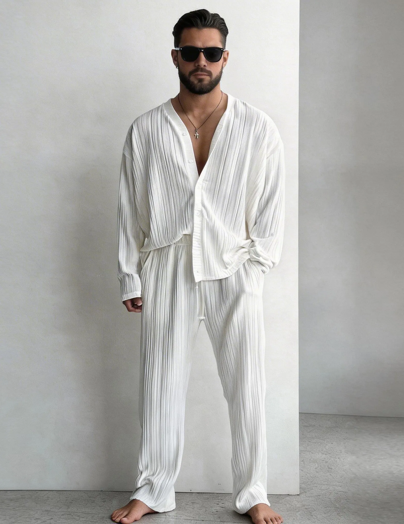 Men's White Pleated Shirt and Pants Set sold by Ekouaer